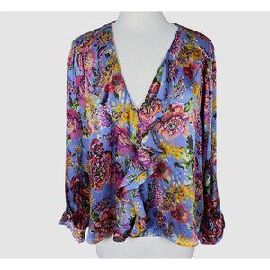 Zara V-Neck Ruffled Front Long Sleeve Multicolored Floral Flowy Blouse Med